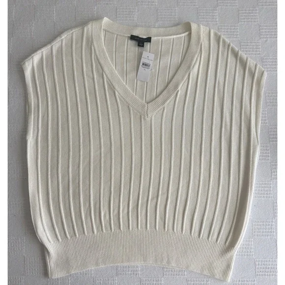 ANN TAYLOR NWT Ivory Ribbed V Neck Sweater Vest Soft Minimalist Capsule XL NEW - Picture 2 of 6